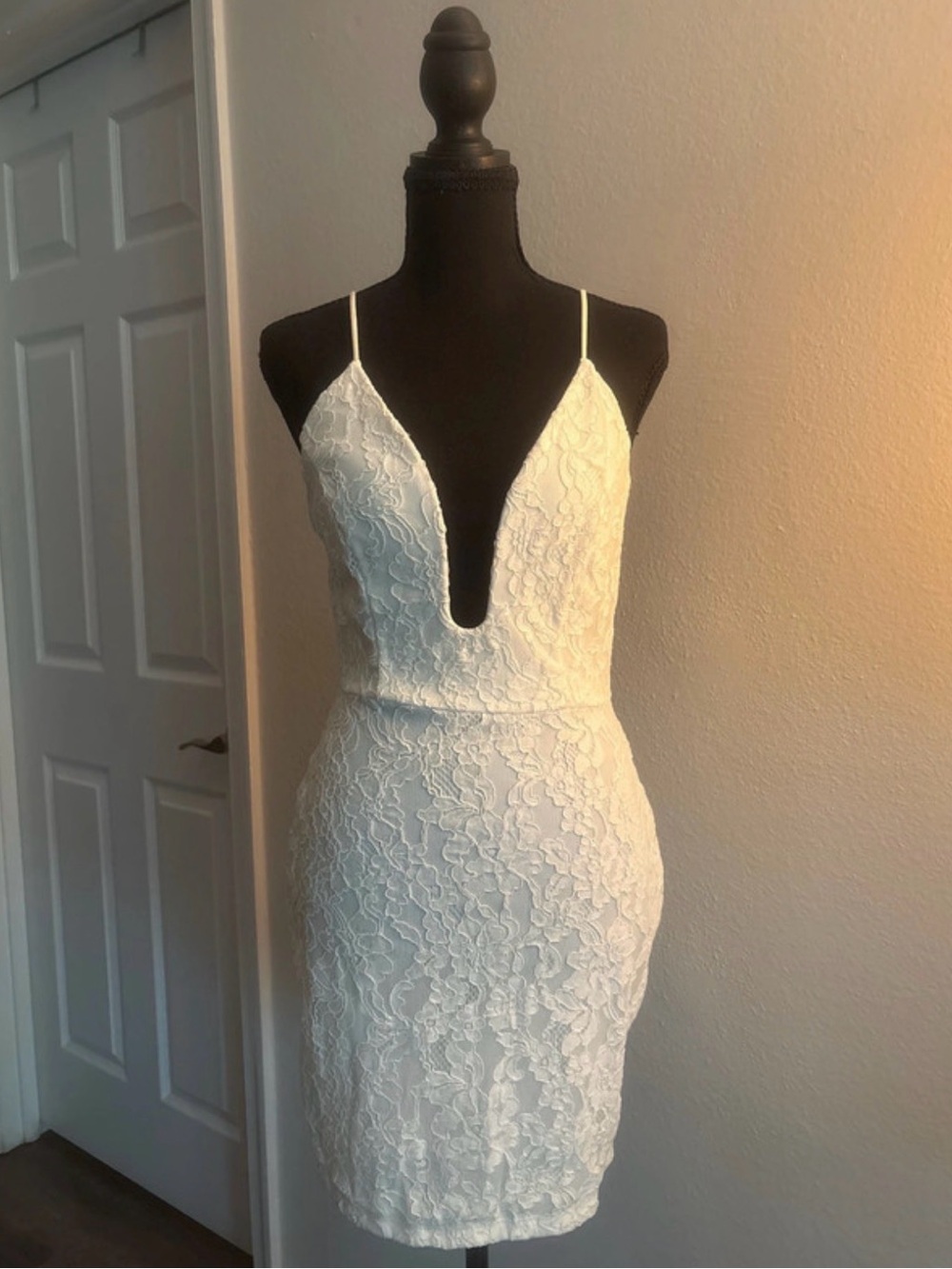 Fashion Nova Embroidered Ivory Lace Mini Dress with Plunging Neckline